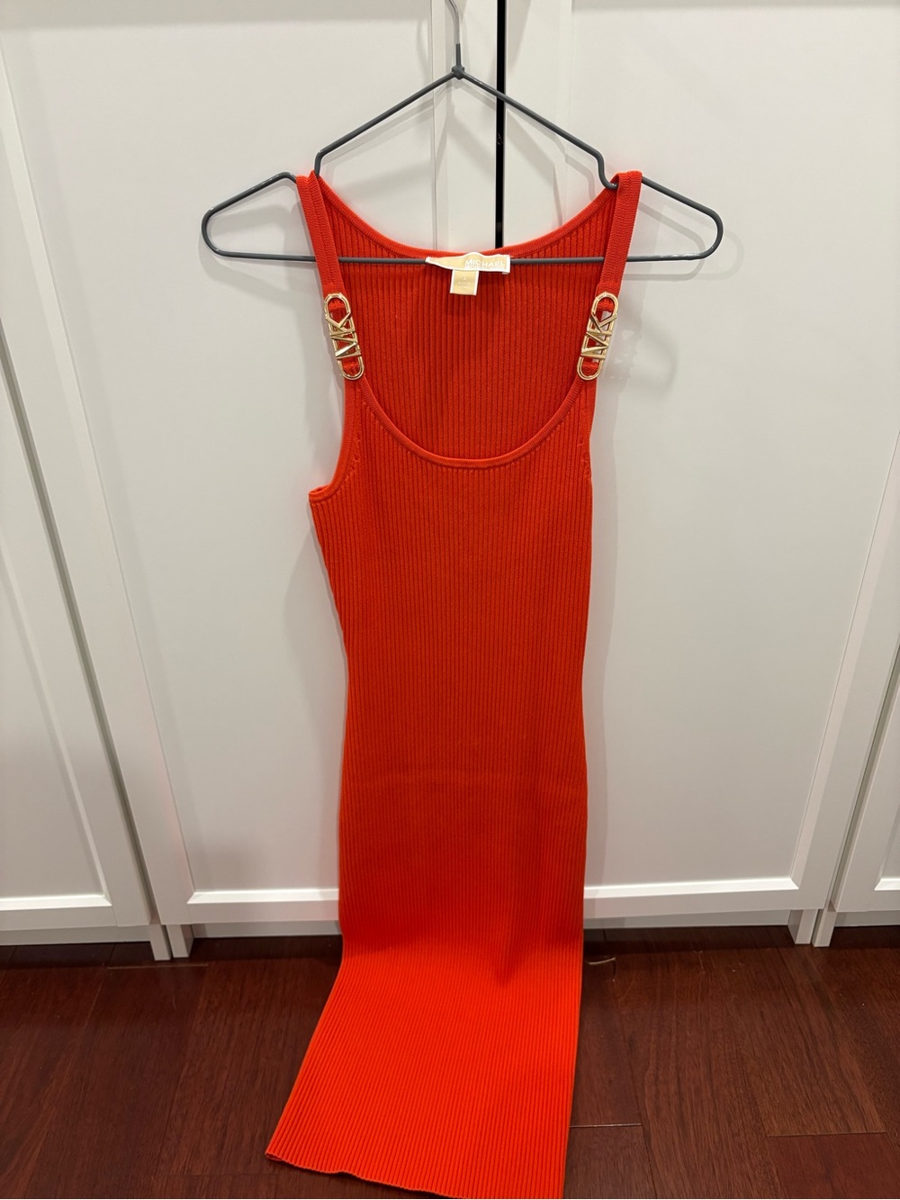 Michael Kors Orange Ribbed Midi Tank Dress with Gold Logo Accents